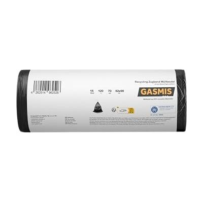 GASMIS Bolsas de basura con cordón 120l–15 unidades Bolsas de basura reciclables 70 µm, extremadamente resistentes a las roturas Para jardín, hogar y comercio Certificación Blue Angel GASMIS Bolsas de basura con cordón 120l–15 unidades Bolsas de basura reciclables 70 µm, extremadamente resistentes a las roturas Para jardín, hogar y comercio Certificación Blue Angel