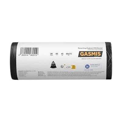 GASMIS Bolsas de basura con cordón 60 l – 20 unidades Bolsas de basura reciclables 45 µm, extra resistentes y a prueba de fugas Para el hogar y el jardín Certificación Blue Angel GASMIS Bolsas de basura con cordón 60 l – 20 unidades Bolsas de basura reciclables 45 µm, extra resistentes y a prueba de fugas Para el hogar y el jardín Certificación Blue Angel