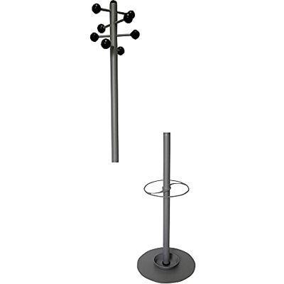OFITURIA ® Perchero de Pie con Paraguero Colgador de Ropa Metálico Color Plata con 8 Colgadores de Bola Negra Tubo en 2 Piezas OFITURIA ® Perchero de Pie con Paraguero Colgador de Ropa Metálico Color Plata con 8 Colgadores de Bola Negra Tubo en 2 Piezas