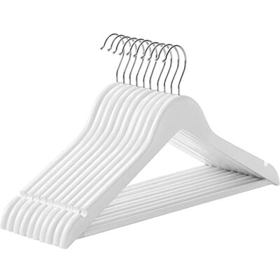 SONGMICS Percha de Madera Maciza, Juego de 10, con Ranuras para Hombros, Barra Antideslizante para Pantalones, Gancho Giratorio de 360°, para Trajes, Camisas, Abrigos, Blanco y Plata CRW03W-10 SONGMICS Percha de Madera Maciza, Juego de 10, con Ranuras para Hombros, Barra Antideslizante para Pantalones, Gancho Giratorio de 360°, para Trajes, Camisas, Abrigos, Blanco y Plata CRW03W-10