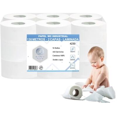 Blanco Papel Higiénico Industrial de 2 Capas 100% celulosa, 18 rollos (18 Rollos de 130m) Blanco Papel Higiénico Industrial de 2 Capas 100% celulosa, 18 rollos (18 Rollos de 130m)