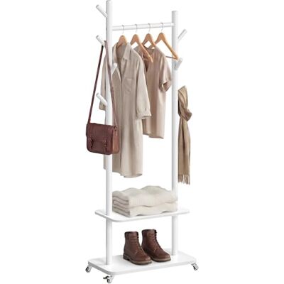 VASAGLE Perchero de Pie, con 7 Ganchos y 2 Estantes, 4 Ruedas Giratorias 360° Extraíbles, Ganchos y Postes de Madera, para Entrada, Dormitorio, Sala de Estar, Blanco Nube VASAGLE Perchero de Pie, con 7 Ganchos y 2 Estantes, 4 Ruedas Giratorias 360° Extraíbles, Ganchos y Postes de Madera, para Entrada, Dormitorio, Sala de Estar, Blanco Nube