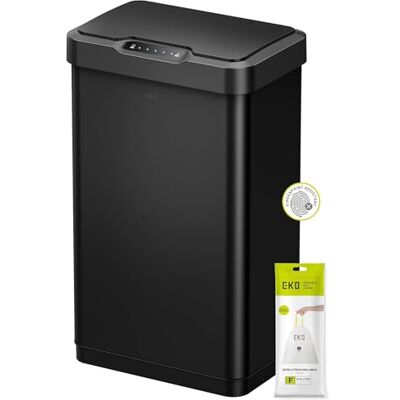 EKO Mirage-T Cubo de basura rectangular con sensor de movimiento sin contacto de 50 litros/13.2 galones, acabado de acero inoxidable cepillado (negro mate) EKO Mirage-T Cubo de basura rectangular con sensor de movimiento sin contacto de 50 litros/13.2 galones, acabado de acero inoxidable cepillado (negro mate)