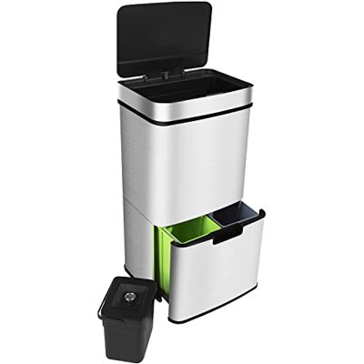 Ribelli Acero Inoxidable Sistema de separación de residuos con 3+1 Compartimentos Cubo de Basura con Sensor 72 litros (2x12 + 1x48 L) Ribelli Acero Inoxidable Sistema de separación de residuos con 3+1 Compartimentos Cubo de Basura con Sensor 72 litros (2x12 + 1x48 L)