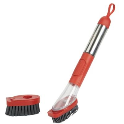 Vileda Cepillo de Cocina con Dosificador y Cabezal Recambiable Depósito rellenable con salida por botón, cerdas de goma y cuerpo de acero inoxidable Vileda Cepillo de Cocina con Dosificador y Cabezal Recambiable Depósito rellenable con salida por botón, cerdas de goma y cuerpo de acero inoxidable