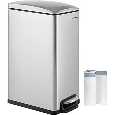 SONGMICS Bote de basura delgado, cubo de basura de 12.7 galones para espacios estrechos con tapa de cierre suave, cubo interior y pedal de paso, acero inoxidable, 15 bolsas de basura incluidas, color SONGMICS Bote de basura delgado, cubo de basura de 12.7 galones para espacios estrechos con tapa de cierre suave, cubo interior y pedal de paso, acero inoxidable, 15 bolsas de basura incluidas, color
