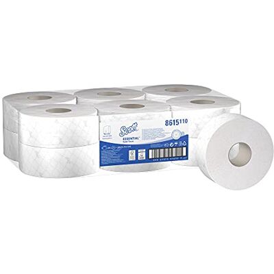 Scott Essential Papel higiénico en rollo Jumbo : 12 rollos x 500 hojas blancas de higiénico de 2 capas (2400 m) Scott Essential Papel higiénico en rollo Jumbo : 12 rollos x 500 hojas blancas de higiénico de 2 capas (2400 m)