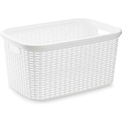 AC Cesta Colada Rectangular de plástico Fabricado en España Capidad de 35 litros Estilo Mimbre 53,5 x 36 x 26,5 cm Color Blanco AC Cesta Colada Rectangular de plástico Fabricado en España Capidad de 35 litros Estilo Mimbre 53,5 x 36 x 26,5 cm Color Blanco