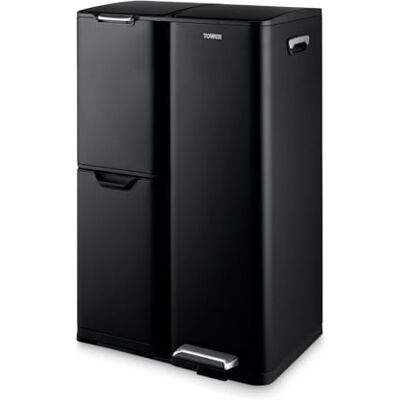 TOWER Cubo de basura con pedal de reciclaje de 60L, acero al carbono, color negro TOWER Cubo de basura con pedal de reciclaje de 60L, acero al carbono, color negro