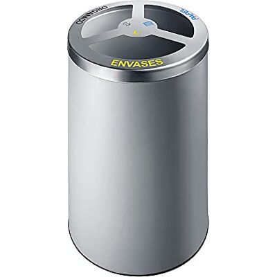 OFITURIA ® Papelera para Reciclaje Selectivo Metálica Capacidad 150 litros Color Plata Contenedor Cilíndrico 3 Compartimentos para Residuos OFITURIA ® Papelera para Reciclaje Selectivo Metálica Capacidad 150 litros Color Plata Contenedor Cilíndrico 3 Compartimentos para Residuos