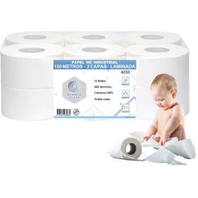 Blanco Papel Higiénico Industrial de 2 Capas 100% celulosa (12 Rollos de 150m) Blanco Papel Higiénico Industrial de 2 Capas 100% celulosa (12 Rollos de 150m)