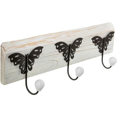 DRW Perchero de Pared de Madera con 3 Ganchos de Metal y Ceramica Blanco y Negro 48x8x15cm DRW Perchero de Pared de Madera con 3 Ganchos de Metal y Ceramica Blanco y Negro 48x8x15cm