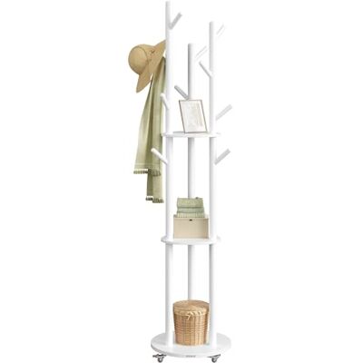 VASAGLE Perchero de Pie, Perchero con 11 Ganchos y 3 Estantes, 4 Ruedas Giratorias de 360° y Extraíbles, Ganchos y Postes de Madera, para Entrada Dormitorio Salón, Blanco Nube RCR023W01 VASAGLE Perchero de Pie, Perchero con 11 Ganchos y 3 Estantes, 4 Ruedas Giratorias de 360° y Extraíbles, Ganchos y Postes de Madera, para Entrada Dormitorio Salón, Blanco Nube RCR023W01