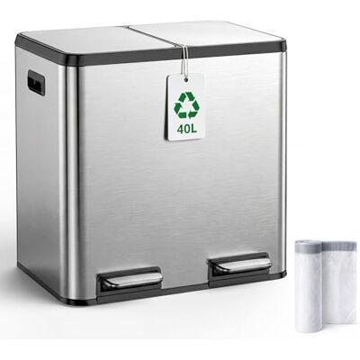 YEAUPE PRO Cubo de Basura Cocina 40L Doble 2x20L Acero Inoxidable, Pedal Soft Close, Cubetas Internas Extraíbles, Asas Laterales, Control de Olores, 15 Bolsas Incluidas YEAUPE PRO Cubo de Basura Cocina 40L Doble 2x20L Acero Inoxidable, Pedal Soft Close, Cubetas Internas Extraíbles, Asas Laterales, Control de Olores, 15 Bolsas Incluidas