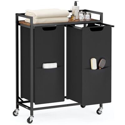 VASAGLE Clasificador de ropa sucia, 29 galones (110 L) cesta de lavandería con 2 compartimentos, carrito rodante con ruedas, estante, bolsas extraíbles, bolsillos, tinta negra y marrón rústico VASAGLE Clasificador de ropa sucia, 29 galones (110 L) cesta de lavandería con 2 compartimentos, carrito rodante con ruedas, estante, bolsas extraíbles, bolsillos, tinta negra y marrón rústico