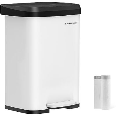 SONGMICS Bote de basura de cocina, cubo de basura de acero inoxidable de 13 galones, con tapa abierta y pedal de paso, cierre suave, alto, grande y ahorra espacio, blanco y negro SONGMICS Bote de basura de cocina, cubo de basura de acero inoxidable de 13 galones, con tapa abierta y pedal de paso, cierre suave, alto, grande y ahorra espacio, blanco y negro