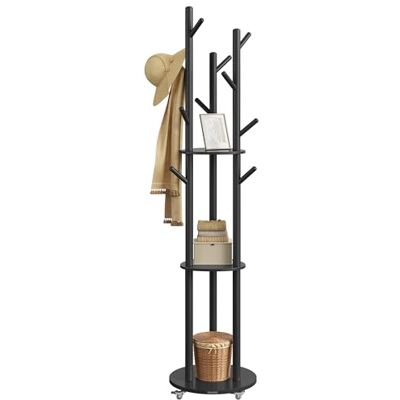 VASAGLE Perchero de Pie, Perchero con 11 Ganchos y 3 Estantes, 4 Ruedas Giratorias de 360° y Extraíbles, Ganchos y Postes de Madera, para Entrada Dormitorio Salón, Negro Tinta RCR023B01 VASAGLE Perchero de Pie, Perchero con 11 Ganchos y 3 Estantes, 4 Ruedas Giratorias de 360° y Extraíbles, Ganchos y Postes de Madera, para Entrada Dormitorio Salón, Negro Tinta RCR023B01
