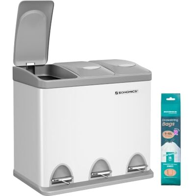 SONGMICS Cubo Triple para Cocina, 24 L, 3 x 8 L, Pedal, Acero Sistema de Separación de Residuos, con Tapa, Blanco Mate y Negro Tinta, Colección ISLAND SONGMICS Cubo Triple para Cocina, 24 L, 3 x 8 L, Pedal, Acero Sistema de Separación de Residuos, con Tapa, Blanco Mate y Negro Tinta, Colección ISLAND