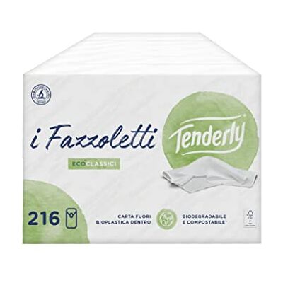 Tenderly Eco Classic, Pañuelos suaves y delicados para la piel de celulosa pura, embalaje de papel reciclable, 18 paquetes fabricados en Italia, dermatológicamente probado, papel certificado FSC Tenderly Eco Classic, Pañuelos suaves y delicados para la piel de celulosa pura, embalaje de papel reciclable, 18 paquetes fabricados en Italia, dermatológicamente probado, papel certificado FSC