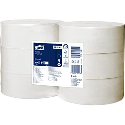 Tork Rollos de papel higiénico Jumbo Advanced de larga duración de 1 capa compatibles con el sistema higiénico Jumbo T1, 6 rollos x 2500 hojas Tork Rollos de papel higiénico Jumbo Advanced de larga duración de 1 capa compatibles con el sistema higiénico Jumbo T1, 6 rollos x 2500 hojas