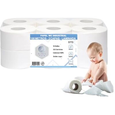 Blanco Papel Higiénico Industrial de 2 Capas 100% celulosa, 18 rollos (18 Rollos de 100m) Blanco Papel Higiénico Industrial de 2 Capas 100% celulosa, 18 rollos (18 Rollos de 100m)
