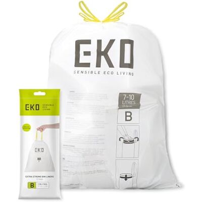 EKO Bolsas de basura tamaño B para cubos de cocina, bolsas extrafuertes con asas de cordón, capacidad de 7 a 9 litros, 25 bolsas, color blanco EKO Bolsas de basura tamaño B para cubos de cocina, bolsas extrafuertes con asas de cordón, capacidad de 7 a 9 litros, 25 bolsas, color blanco