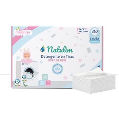 Natulim Detergente en Tiras para Bebés (360 Lavados) Fórmula Ultraconcentrada Sin Fragancia Limpieza Suave en Agua Fría para Ropa Delicada Ropa limpia y suave sin ensuciar el Planeta Natulim Detergente en Tiras para Bebés (360 Lavados) Fórmula Ultraconcentrada Sin Fragancia Limpieza Suave en Agua Fría para Ropa Delicada Ropa limpia y suave sin ensuciar el Planeta