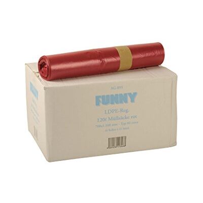 Funny Bolsas de basura de polietileno de baja densidad (PEBD, 120 l de capacidad, tipo 60 extra, 1 rollo de 250 unidades), color rojo Funny Bolsas de basura de polietileno de baja densidad (PEBD, 120 l de capacidad, tipo 60 extra, 1 rollo de 250 unidades), color rojo