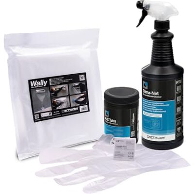 ERRECOM Kit limpieza aire acondicionado, incluye detergente Clima-Net 1L limpieza unidad interna y filtros, funda protectora Wally, A/C Flow Tabs, 40 pastillas para limpieza del desagüe, guantes ERRECOM Kit limpieza aire acondicionado, incluye detergente Clima-Net 1L limpieza unidad interna y filtros, funda protectora Wally, A/C Flow Tabs, 40 pastillas para limpieza del desagüe, guantes