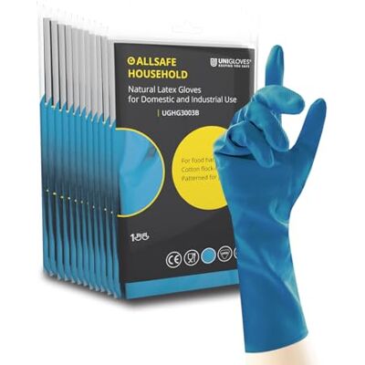 UNIGLOVES Allsafe Household Blue Guantes de látex reutilizables para limpieza, lavado y procesamiento de alimentos, 12 pares, talla XL UNIGLOVES Allsafe Household Blue Guantes de látex reutilizables para limpieza, lavado y procesamiento de alimentos, 12 pares, talla XL
