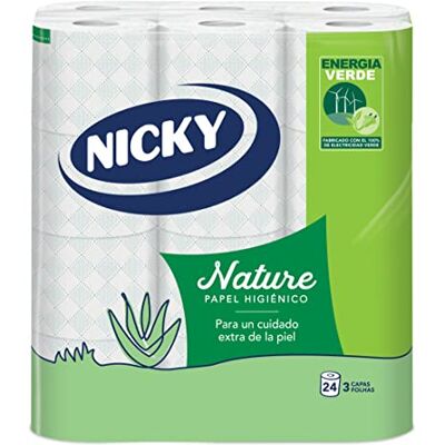 Nicky Nature Papel Higiénico Paquete de 24 Rollos, 170 Hojas de 3 Capas, Enriquecido con Loción de Aloe Vera, Cómodo y Suave con la Piel Nicky Nature Papel Higiénico Paquete de 24 Rollos, 170 Hojas de 3 Capas, Enriquecido con Loción de Aloe Vera, Cómodo y Suave con la Piel