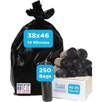 Highbar Select Bolsas de basura negras, fabricadas en Estados Unidos, 40-45 galones, resistentes, duraderas, sin perfume, alta densidad, uso industrial y comercial, para construcción, césped, hojas, rollos sin Highbar Select Bolsas de basura negras, fabricadas en Estados Unidos, 40-45 galones, resistentes, duraderas, sin perfume, alta densidad, uso industrial y comercial, para construcción, césped, hojas, rollos sin