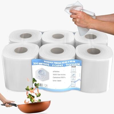 Blanco Bobina Papel secamanos mecha laminada 6 rollos de 300m 100% Celulosa Una Capa Blanco Bobina Papel secamanos mecha laminada 6 rollos de 300m 100% Celulosa Una Capa