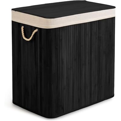 Massido Cesto para la colada con 3 compartimentos, 150 L, con tapa y bolsa para la colada, de bambú, color negro, 61 x 62 x 42 cm Massido Cesto para la colada con 3 compartimentos, 150 L, con tapa y bolsa para la colada, de bambú, color negro, 61 x 62 x 42 cm