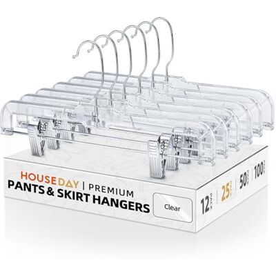 HOUSE DAY Perchas para Faldas de 14 Pulgadas, Paquete de 25 Perchas de plástico Transparente con Clips, Perchas para Pantalones, Perchas Inferiores, Perchas de plástico a Granel HOUSE DAY Perchas para Faldas de 14 Pulgadas, Paquete de 25 Perchas de plástico Transparente con Clips, Perchas para Pantalones, Perchas Inferiores, Perchas de plástico a Granel