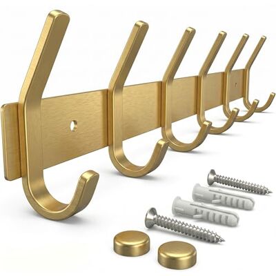 SAYONEYES Perchero de pared dorado cepillado con 6 ganchos dobles para colgar, ganchos de pared rústicos de acero inoxidable SUS304 de 17 pulgadas, para sombrero, ropa, bolso, toalla, 1 paquete SAYONEYES Perchero de pared dorado cepillado con 6 ganchos dobles para colgar, ganchos de pared rústicos de acero inoxidable SUS304 de 17 pulgadas, para sombrero, ropa, bolso, toalla, 1 paquete