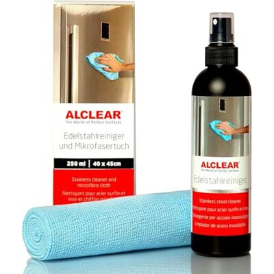 ALCLEAR Limpiador profesional de acero inoxidable de 250 ml y paño de microfibra, limpia sin rayas, contra la suciedad, las huellas dactilares y la grasa ALCLEAR Limpiador profesional de acero inoxidable de 250 ml y paño de microfibra, limpia sin rayas, contra la suciedad, las huellas dactilares y la grasa