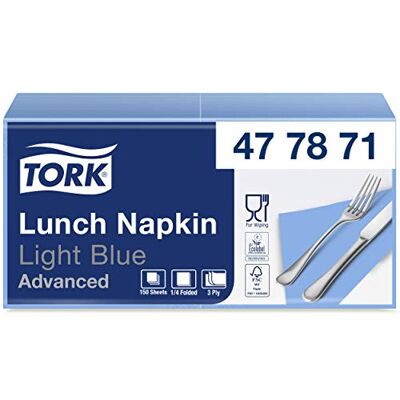 Tork Lunch Soft/Servilletas suaves para almuerzo /10 paquetes x 150 unidades (1500 unidades)/ Pliegue 1/4 / color celeste / 3 capas / 33 x 32,6 cm/Advanced Tork Lunch Soft/Servilletas suaves para almuerzo /10 paquetes x 150 unidades (1500 unidades)/ Pliegue 1/4 / color celeste / 3 capas / 33 x 32,6 cm/Advanced