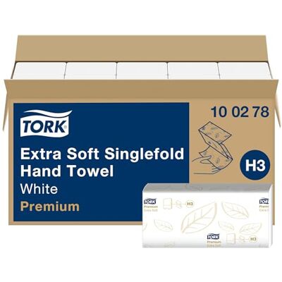 Tork Toallas de mano de papel extra suaves Advanced / Toallas premium plegadas en V, compatibles con el sistema H3, blanco radiante Tork Toallas de mano de papel extra suaves Advanced / Toallas premium plegadas en V, compatibles con el sistema H3, blanco radiante