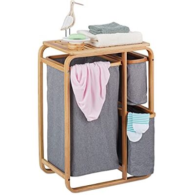 Relaxdays Organizador de Ropa Sucia, Estante Baño con 3 Cestos para la Colada, Bambú, 70 x 49 x 33,5 cm, Natural y Gris Relaxdays Organizador de Ropa Sucia, Estante Baño con 3 Cestos para la Colada, Bambú, 70 x 49 x 33,5 cm, Natural y Gris