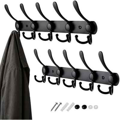 Relaxdays Perchero , set de 2, 5 ganchos triples, acero inoxidable, pasillo, dormitorio, perchero de pared moderno, negro Relaxdays Perchero , set de 2, 5 ganchos triples, acero inoxidable, pasillo, dormitorio, perchero de pared moderno, negro