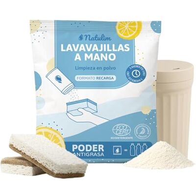 Natulim Pack Lavavajillas a mano Eficaz en la Eliminación de Grasa y Restos de Comida Contiene dispensador reutilizable, 2 esponjas y sobre de lavavajilla en polvo 25 Gr. (1 Pack) Natulim Pack Lavavajillas a mano Eficaz en la Eliminación de Grasa y Restos de Comida Contiene dispensador reutilizable, 2 esponjas y sobre de lavavajilla en polvo 25 Gr. (1 Pack)
