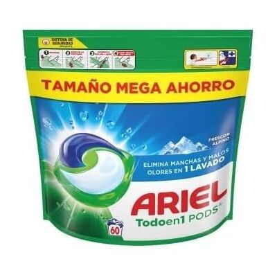 Ariel PODS Todo en 1 Detergente Lavadora Liquido 60 Capsulas/Pastillas, Jabon Frescor Alpino, 5 Acciones para una Limpieza Brillante en Frio Ariel PODS Todo en 1 Detergente Lavadora Liquido 60 Capsulas/Pastillas, Jabon Frescor Alpino, 5 Acciones para una Limpieza Brillante en Frio