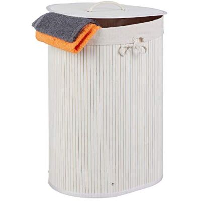 Relaxdays Cesto Ropa Sucia Ovalado Tapa, Cubo Colada Bambú, Saco Lavandería Extraíble, 55x42x32cm, Blanco Relaxdays Cesto Ropa Sucia Ovalado Tapa, Cubo Colada Bambú, Saco Lavandería Extraíble, 55x42x32cm, Blanco