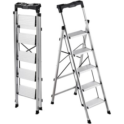 VEVOR Escalera de Aluminio Plegable 5 Peldaños, Escalera de Tijera con Pedal Antideslizante y Empuñadura Cómoda, Capacidad de 150 kg, Taburete Multifuncional para Cocina, Almacén, Hogar, Oficina VEVOR Escalera de Aluminio Plegable 5 Peldaños, Escalera de Tijera con Pedal Antideslizante y Empuñadura Cómoda, Capacidad de 150 kg, Taburete Multifuncional para Cocina, Almacén, Hogar, Oficina