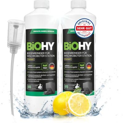 BIOHY Limpiador de Suelos para Robot de Limpieza con Aroma Fresco, Concentrado de Limpieza para Robots con Función Húmeda, Sin Espuma ni Rayas (2 x 1 Litro) + Dosificador BIOHY Limpiador de Suelos para Robot de Limpieza con Aroma Fresco, Concentrado de Limpieza para Robots con Función Húmeda, Sin Espuma ni Rayas (2 x 1 Litro) + Dosificador