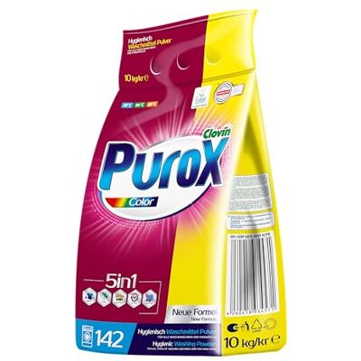 Clovin Purox PUROX COLOR Detergente Lavadora Polvo en bolsa (142 Lavados) – para tejidos de color, elimina manchas, ecológico, protege contra la cal, 10 kg Clovin Purox PUROX COLOR Detergente Lavadora Polvo en bolsa (142 Lavados) – para tejidos de color, elimina manchas, ecológico, protege contra la cal, 10 kg