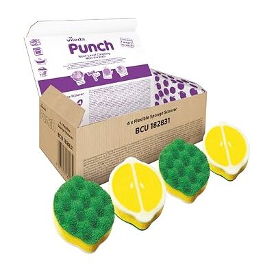 Vileda Punch Estropajo con Esponja Flexible, Pack de 4, Aroma Limón Vileda Punch Estropajo con Esponja Flexible, Pack de 4, Aroma Limón