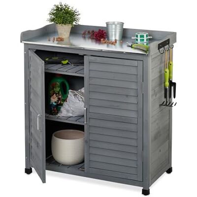 Relaxdays Mesa de Cultivo, con Almacenamiento Inferior, 3 Ganchos, Madera, Superficie de Peltre, 92 x 90 x 45 cm, Gris Relaxdays Mesa de Cultivo, con Almacenamiento Inferior, 3 Ganchos, Madera, Superficie de Peltre, 92 x 90 x 45 cm, Gris