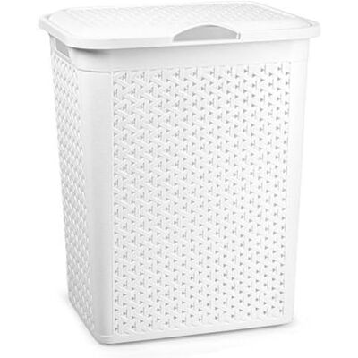 AC Cesto para Ropa Sucia con Tapa y Asas Plástico Fabricado en España Cubo pongotodo para Colada Diseño imitión Mimbre 38 litros 49 x 38,5 x 29,5 cm Blanco AC Cesto para Ropa Sucia con Tapa y Asas Plástico Fabricado en España Cubo pongotodo para Colada Diseño imitión Mimbre 38 litros 49 x 38,5 x 29,5 cm Blanco